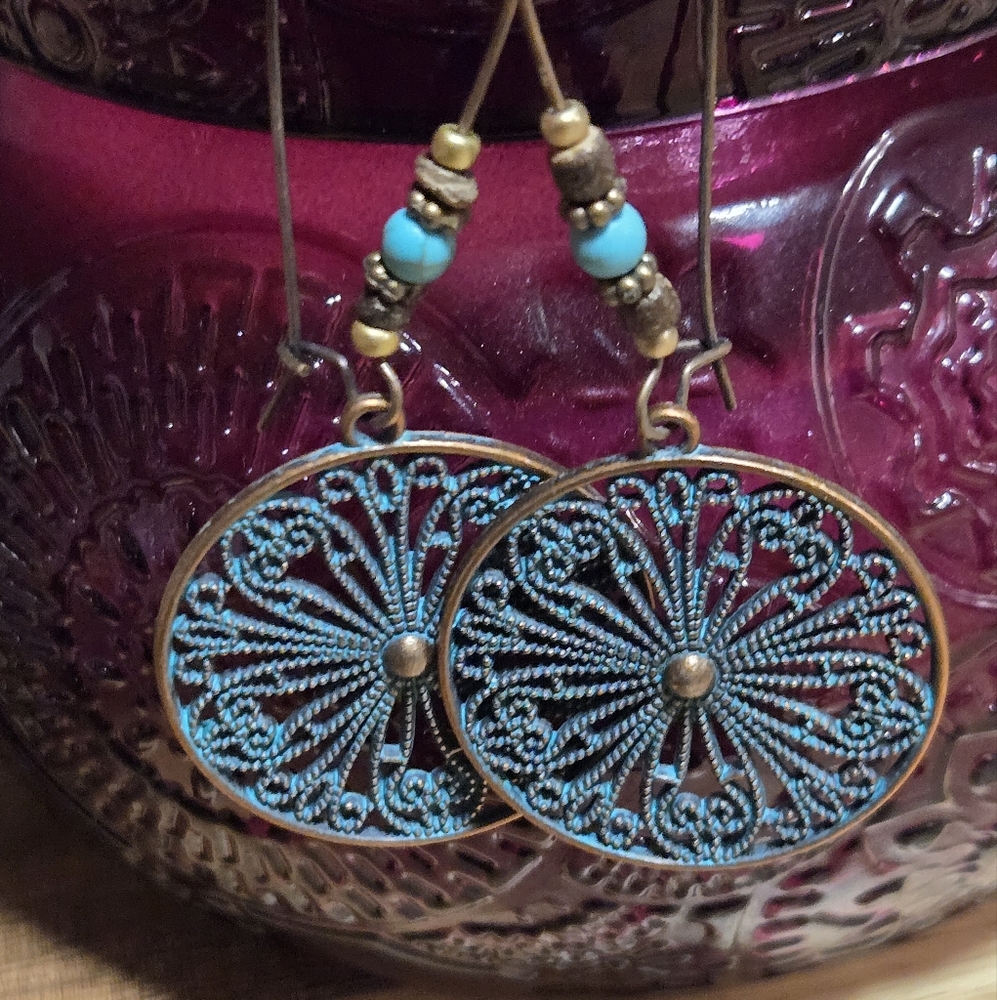 Turquoise & Bronze Boho Filigree Earrings with Antique Finish